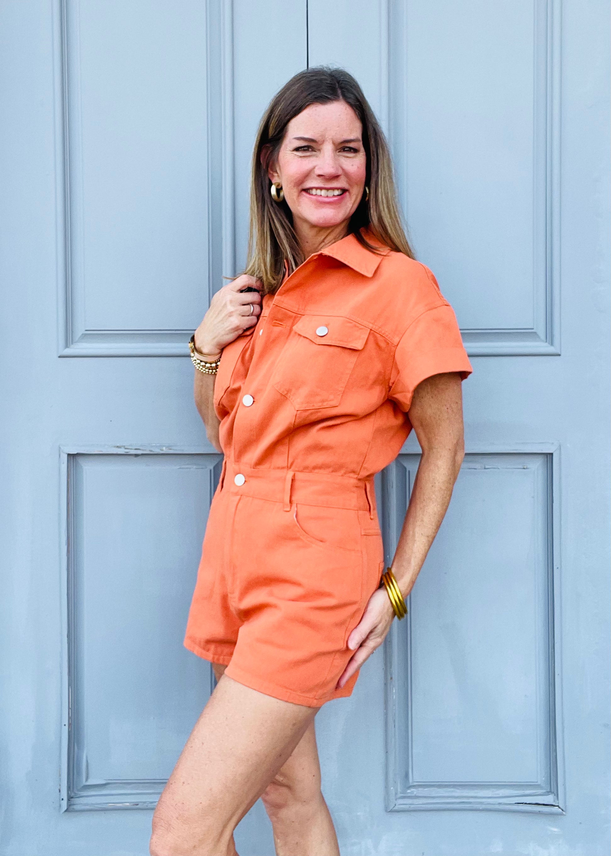 Orange Shorts Romper Hey Love
