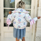 Pink Bow White Floral Puffer