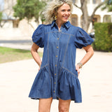 Dark Denim Puff Sleeve Mini Dress