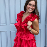 Red Satin Ruffle Smock Dress