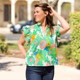 Green Floral Linen Top