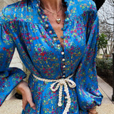 Blue Floral Satin Maxi Dress
