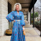 Blue Floral Satin Maxi Dress