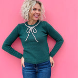 Green Sweater with Rhinestone Bow