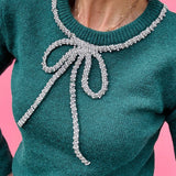 Green Sweater with Rhinestone Bow