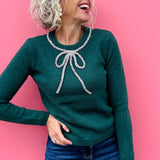 Green Sweater with Rhinestone Bow