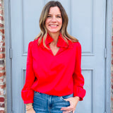 Red Poplin Ruffle Neck Top