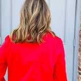 Red Poplin Ruffle Neck Top