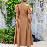 Camel Puff Sleeve Midi Dress