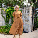 Camel Puff Sleeve Midi Dress