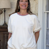 Ivory Sweatshirt with Red and Navy Trim