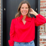 Red Poplin Ruffle Neck Top