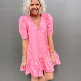 Pink Vneck Poplin Puff Sleeve Dress