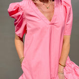 Pink Vneck Poplin Puff Sleeve Dress